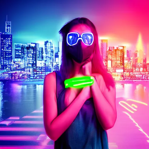 Image similar to girl with neon mask in a retrowave cityscape, 4 k, fhd, - w 9 6 0