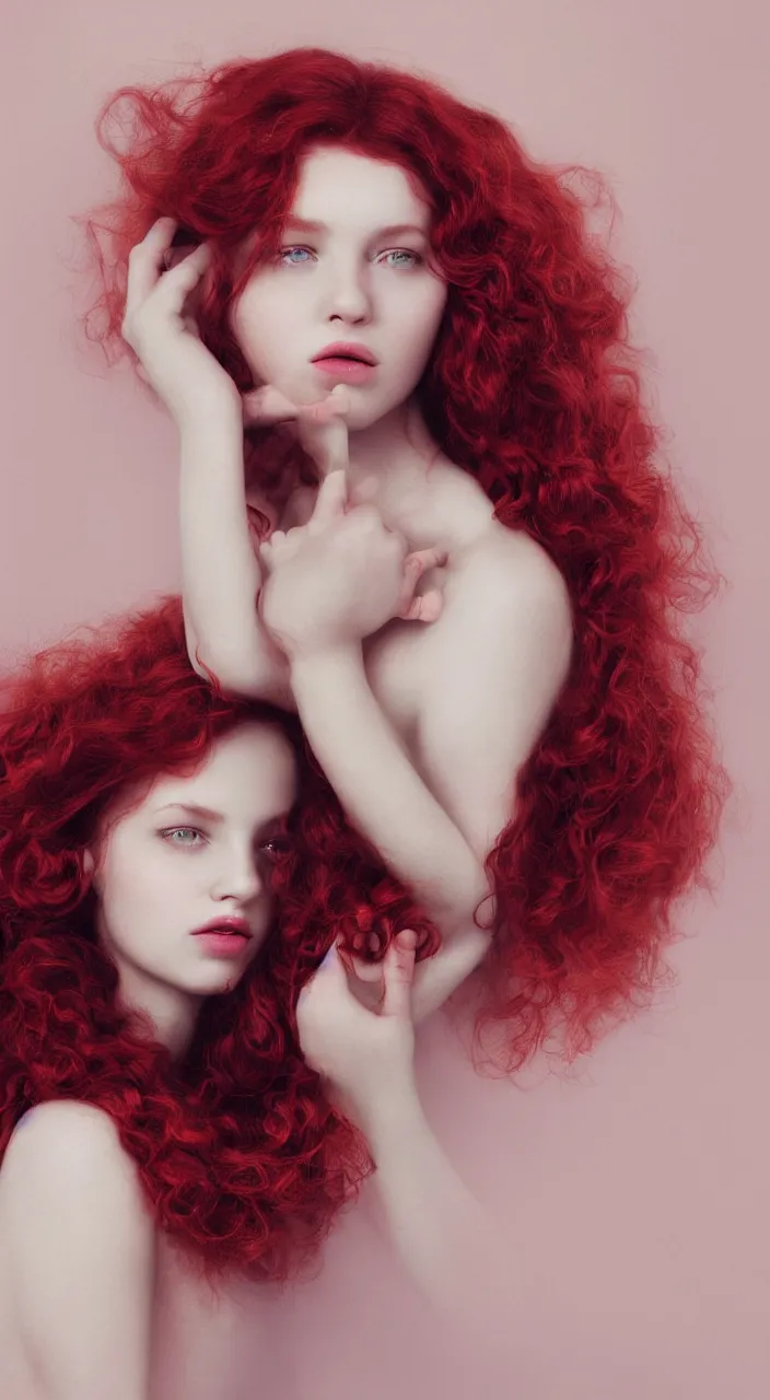 Prompt: a photo portrait of a beautiful girl with red long curly hair by Flora Borsi, soft indoor lighting, pastel colors scheme, fine art photography