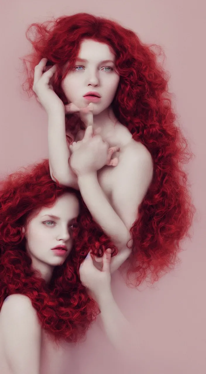 Image similar to a photo portrait of a beautiful girl with red long curly hair by Flora Borsi, soft indoor lighting, pastel colors scheme, fine art photography