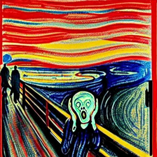 Image similar to the scream with a hat and raining on top of a hill