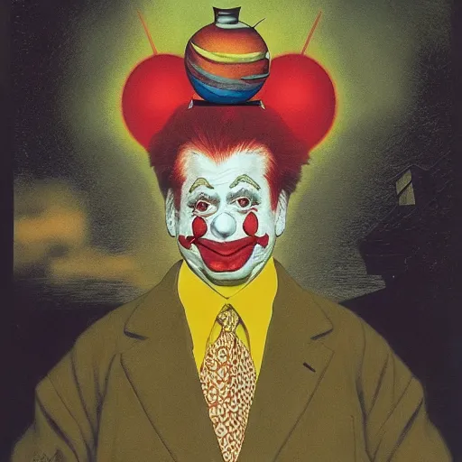 Prompt: Portrait John Goodman wearing a clown costume whilst juggling a red orb standing atop a skyscraper takato yamamoto greg rutkowski chris cold andrew wyeth niel welliver peter doig giorgio de chirico mark ryden jamie wyeth victo ngai