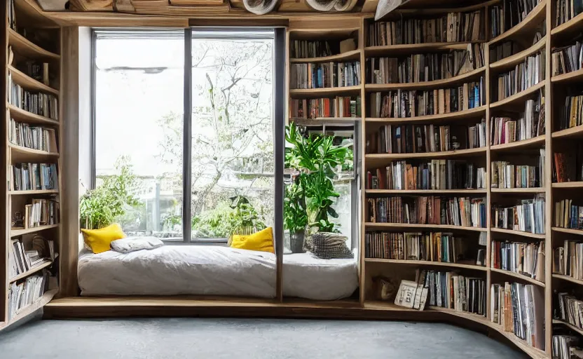 Prompt: interior desing magazine photo of a big window with a wooden frame to sit on, some sandy yellow pillows, there are just a few books and plants on a small integrated shelf, great architecture, ambient light, 8k