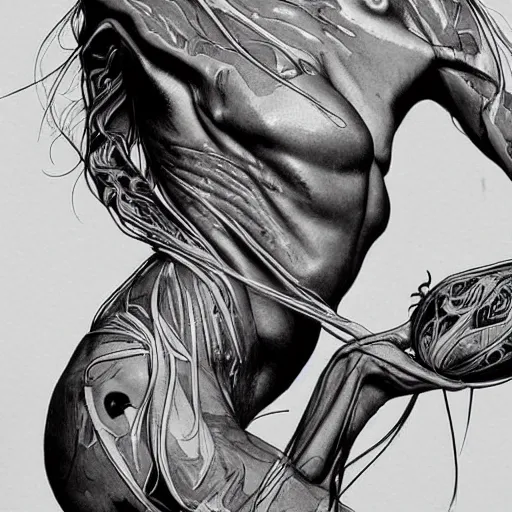 Image similar to hyperrealistic, detailed, skinny lady, gorgeous, dynamic pose, ink, line art by Kim Jung gi