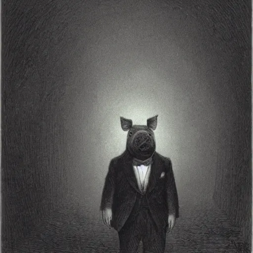 Prompt: a pig in a tuxedo, creepy atmosphere, outside, clouds, dark, portrait, realistic, very realistic, illustration by Gustave Doré