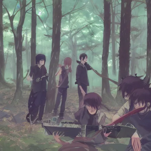 Image similar to emo band playing music performing in the woods, hyperrealistic, trending on pixiv fanbox, painted by greg rutkowski makoto shinkai takashi takeuchi studio ghibli, akihiko yoshida