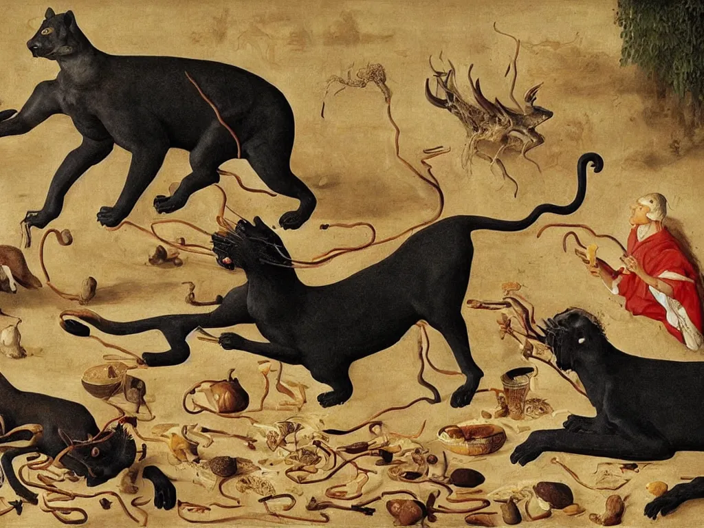 Image similar to woman eating noodles. scratch that. panther eating an antelope. painting by jan van eyck, walton ford