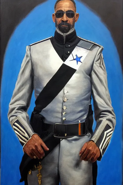 Prompt: full body portrait of the dictator of the orlando magic, 2 0 4 5, in full military garb, magic blue, silver, and black, oil on canvas by william sidney mount, trending on artstation, futuristic