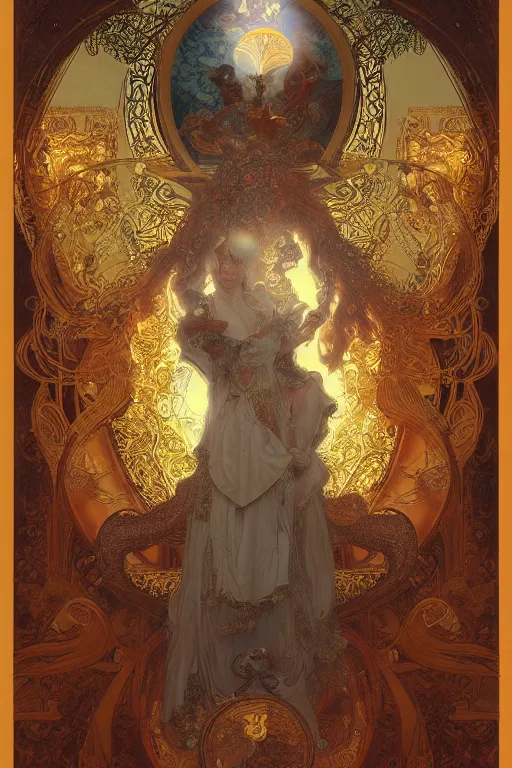 Prompt: tarot card artstation, portrait of a tarot card reader, sunrise, baroque ornament and rococo ornament, ancient chinese ornate, hyperdetailed, beautiful lighting, craig mullins, mucha, klimt, yoshitaka amano, red and gold and orange color palatte