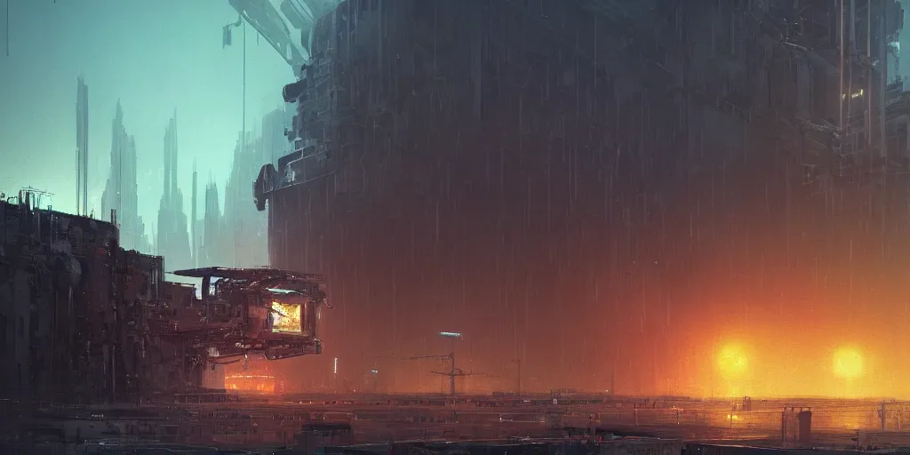 Image similar to bright render of huge mecha, by Ian McQue, Rutkowski, lee madgwick and hubert robert, concrete building by le corbusier on the background, puddles of water, trees and bushes, blade runner style, neon glow, vivid color, moody lighting, unreal engine, sunrise, epic skies, foggy