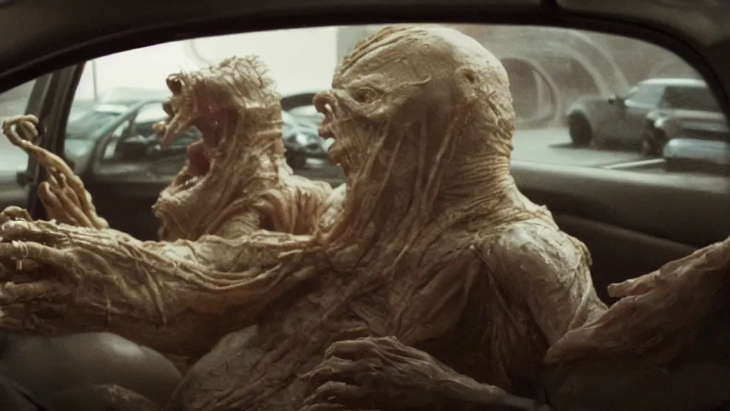 Image similar to the creature sits in a car, made of wax and metal, they look me in the eye, film still from the movie directed by Denis Villeneuve and David Cronenberg with art direction by Salvador Dalí, wide lens