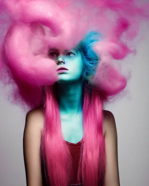 Image similar to a dramatic lighting photo of a beautiful young woman with cotton candy hair. moody, melanchonic. with a little bit of cyan and pink