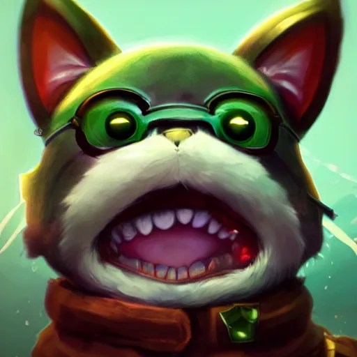 Image similar to close up of teemo from league of legends as a grey american shorthair cat, digital painting, particles floating background by marc simonetti, artwork by ross tran + ramond swanland + liam wong