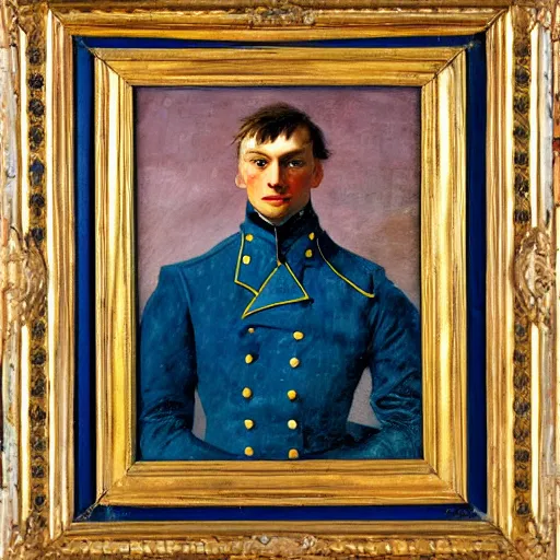 Prompt: an impasto oil painting of a soldier holding a colorful flower painted by caspar david friedrich, blue color scheme