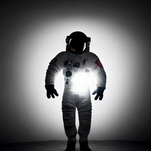 Image similar to astronaut silhouette with arms extended forward, bottom of arms lit by light coming from offcamera, light coming from below, dark background, lit from below, full body photo,, 8 k