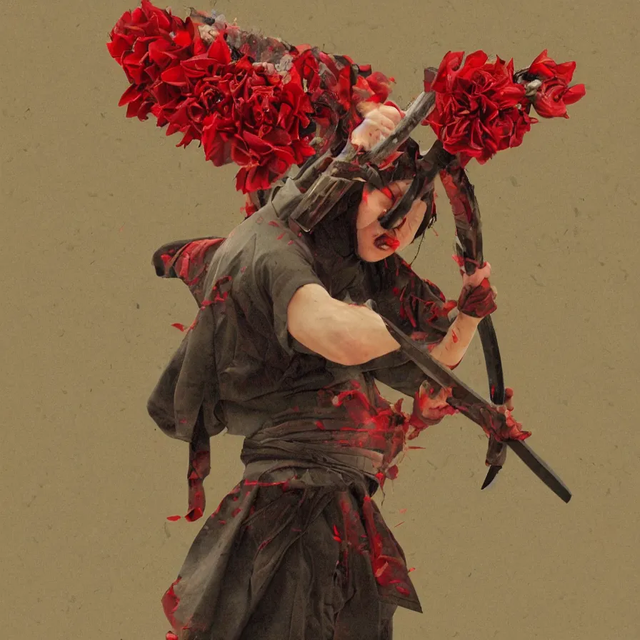 Image similar to a katana, human hands, red flower, rain, 4-dimensional stage, agony, pleasure