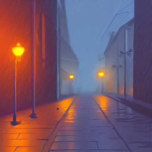 Prompt: an orange tabby cat walking on a sidewalk, it is night and raining, bushes in the background, street lamps are illuminating the street, moody lighting, peaceful atmosphere, digital art, highly detailed, high contrast, beautiful lighting, award winning, trending on art station, 8 k,