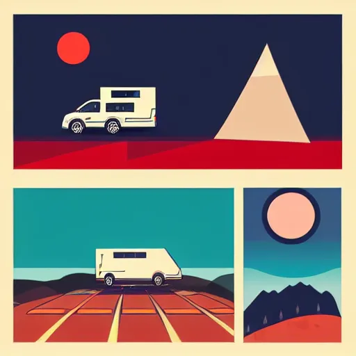 Image similar to very very very stylized minimal vector graphic of a thor chateau motorhome, mountains, highway and sunset!!, white background, dramatic, professional minimal graphic design cartoon