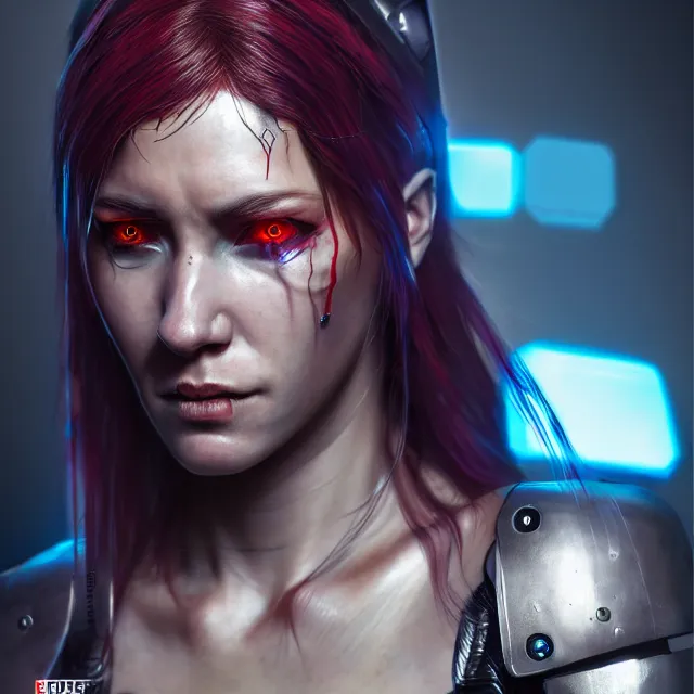 Image similar to cyberpunk female warrior, highly detailed, 8 k, hdr, award - winning, trending on artstation, clayton crain, photorealistic