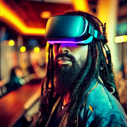 Image similar to a high quality portrait of a beautiful stunning pirate in a cyberpunk cyberpunk cyberpunk cafe wearing a VR visor, realism, 8k, award winning photo