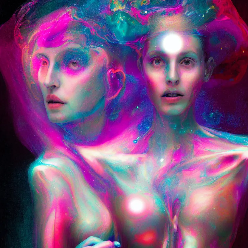 Image similar to a digital portrait painting of a woman, surrounded by synthesized ai djinn hologram, an ultrafine detailed painting by alberto seveso, a silk screen by julian schnabel, featured on deviantart, modern european ink painting, photoillustration, impressionism, biomorphic, behance hd, lovecraftian