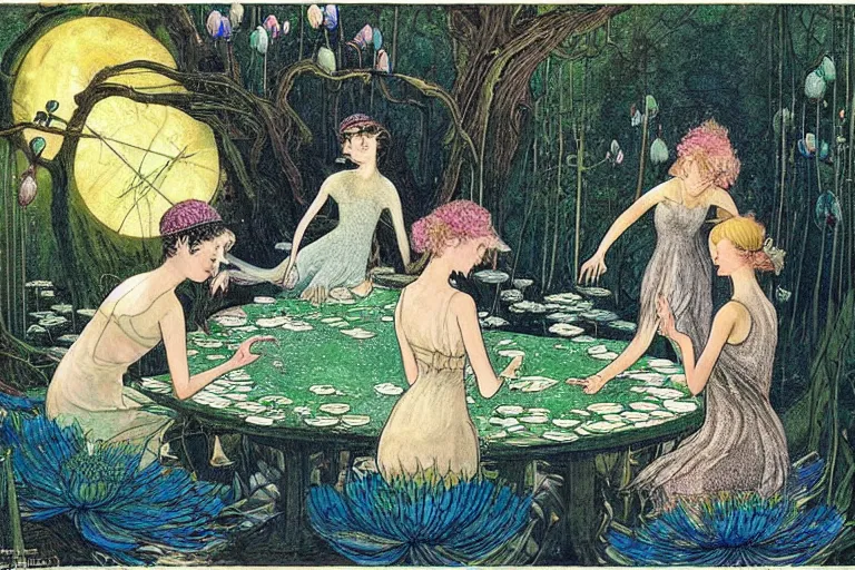 Prompt: a group of gracious fairies with wings playing cards on a table in an atmospheric moonlit forest next to a beautiful pond filled with water lilies, artwork by ida rentoul outhwaite, realistic female faces