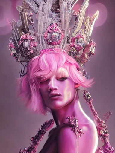 Image similar to pink portrait of beautiful female angel queen Zendaya head wearing shiny pink crown, subtle purple accents, hyper details, black metal rococo, sculpted by Alex Alice, Craig Mullins, yoji shinkawa, trending on artstation, beautifully lit, Peter mohrbacher, hyper detailed, insane details, intricate, elite, elegant, luxury, ray of light through smoke, CGsociety, hypermaximalist, golden ratio, volumetric, octane render, weta digital, micro details, 3d sculpture