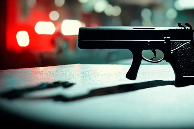 Image similar to film still of closeup pistol taped to the bottom of table, cinematic, moody, gritty neon noir by emmanuel lubezki