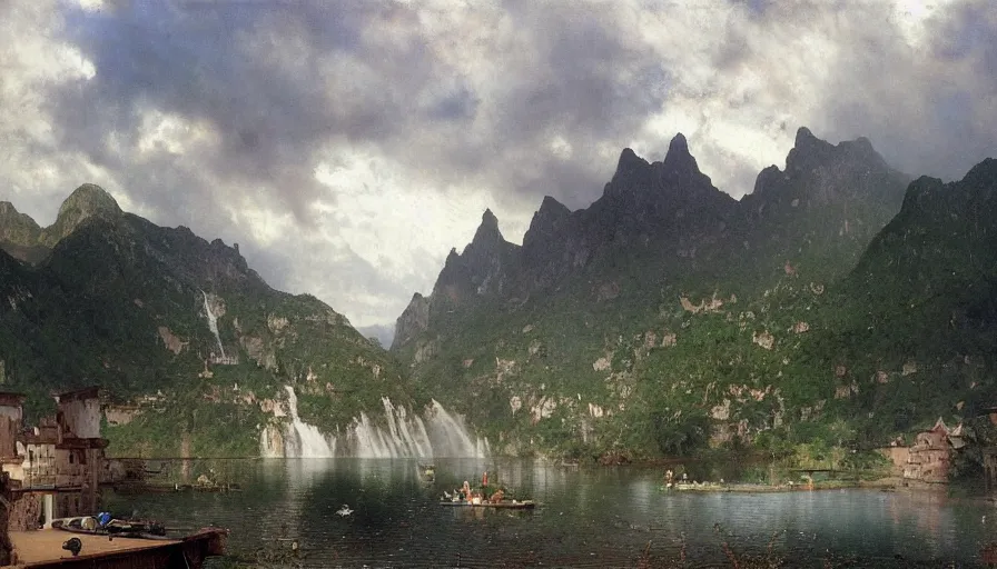 Image similar to a small village by a lake, waterfalls, boats on pebbly beach, rocky mountains topped by dark clouds, by john berkey, albert bierstadt, ruan jia, lawrence alma tadema, zdzislaw beksinski, carl spitzweg, everett raymond kinstler, norman rockwell, jack kirby, tom lovell, greg staples