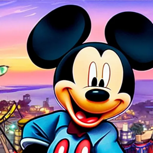 Image similar to Mickey Mouse as a character in the game GTA VI, with a background based on the game League of Legends, detailed face, PAINTING BY android jones