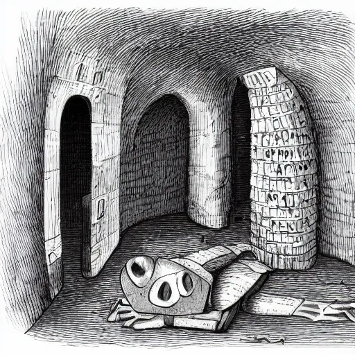 Prompt: a knight dead in a catacomb cell