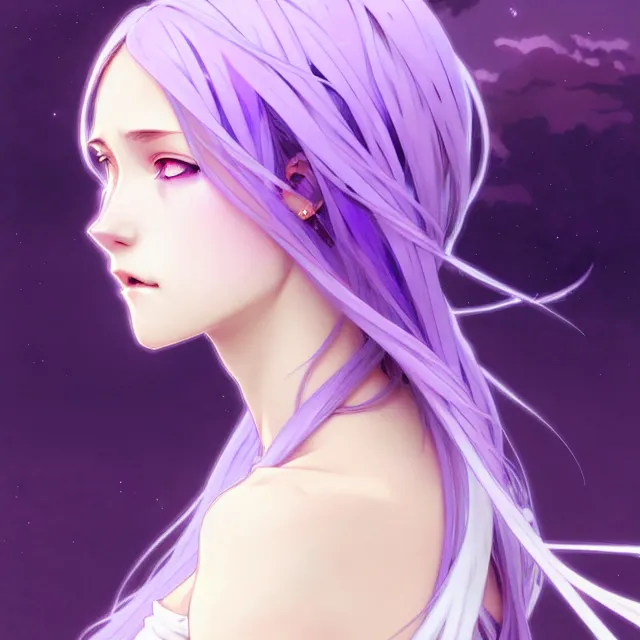 Prompt: anime girl with flowing lavender hair, purple eyes and white dress, profile photo, digital artwork, very beautiful face, extremely detailed art by greg rutkowski and alphonse mucha