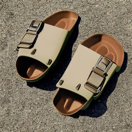 Prompt: product photo of tactical birkenstocks.