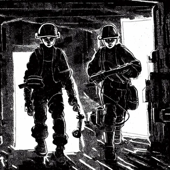 Image similar to sadie sink as a miner pushes a mine cart, emerges from the darkness. set in a dark coal mine. storyboard, scifi cyberpunk. by gabriel hardman, joe alves, chris bonura. cinematic atmosphere, detailed and intricate, perfect anatomy