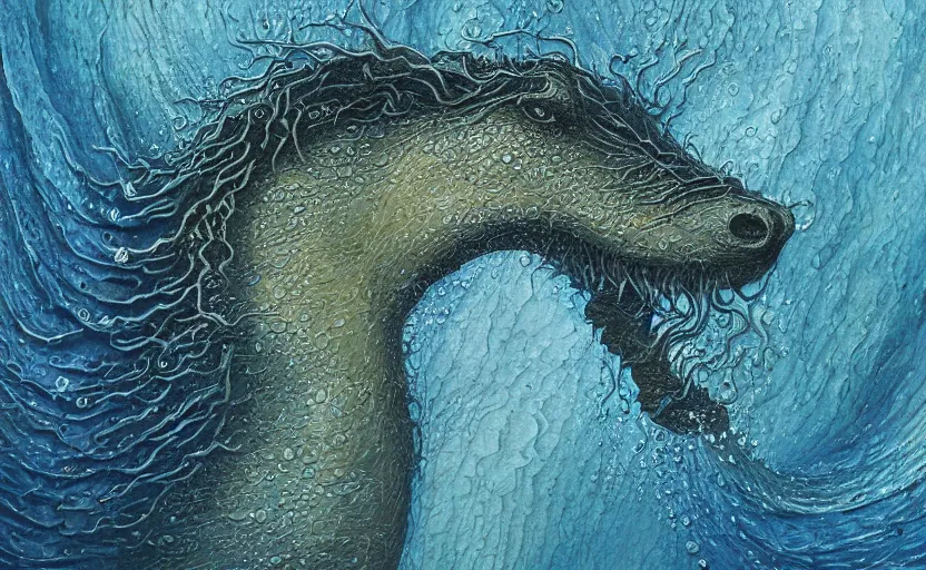 Image similar to a close up of a painting of a Kelpie underwater, an ultrafine detailed painting by John Howe, by György Vastagh, by Jeffrey Smith, behance contest winner, space art, acrylic pour, lovecraftian, cosmic horror, biomorphic, hyper realsim