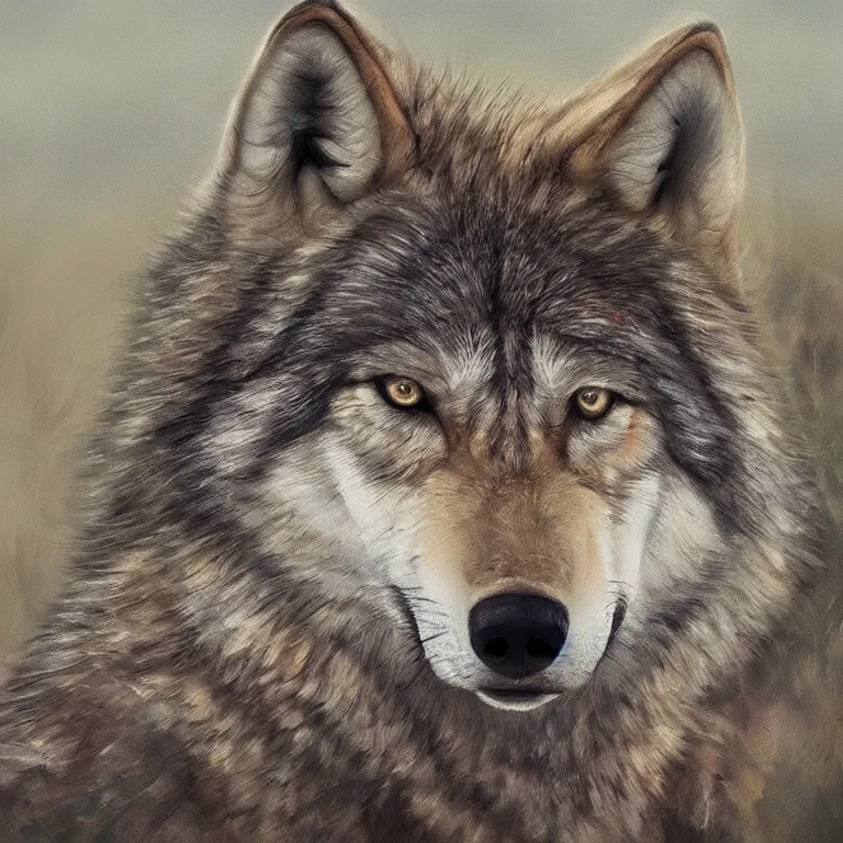 Prompt: Majestic wolf on the heath, portrait. Rough brushstrokes. Beautiful scene. Muted natural colour scheme. Beautiful artistic painting by Lurid (2022)