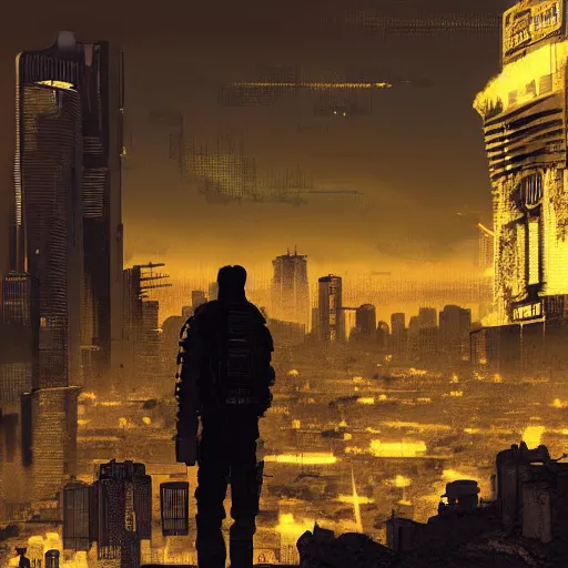 Image similar to The armed sole survivor stands on the hill watching a Apocalyptic city on a clear stars night, cyberpunk digital art