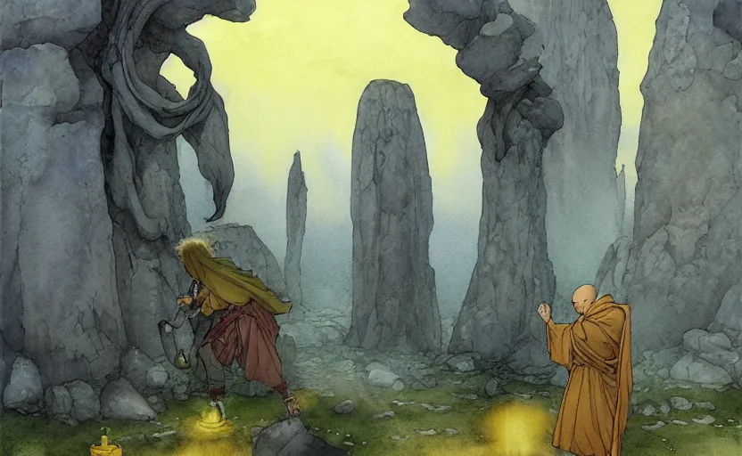 Image similar to a hyperrealist anime watercolor fantasy concept art of a giant monk with a grey robe and a small druid with a yellow robe in stonehenge on a misty night. in the background several immense stones are floating in the air. by rebecca guay, michael kaluta, charles vess