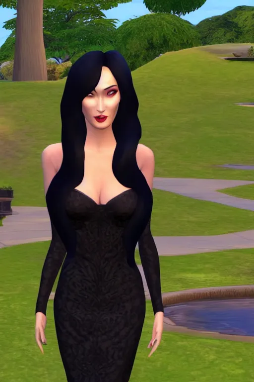 Image similar to megan fox as morticia addams, second life avatar, the sims 4