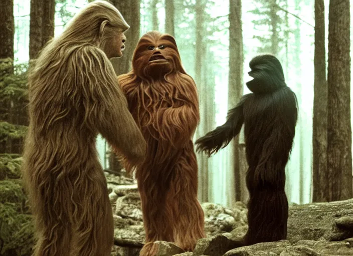 Image similar to donald trump shaking hands with chewbacca on the forest moon of endor, 3 5 mm photography, highly detailed, cinematic lighting