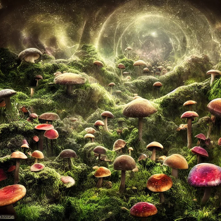 Image similar to a planet of various fungus, mushrooms, flowers and plants, inside the picture is infinity, Atmospheric, artistic photography, conceptual, long exposure outside the city, volumetric light