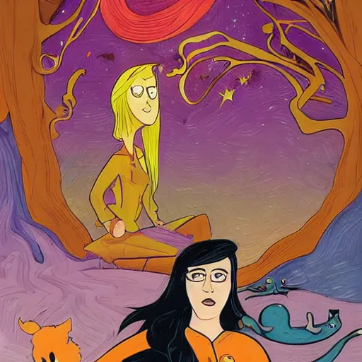 Image similar to hanna barbera by ryan ottley, by luigi loir lush, meticulous. a beautiful art installation of a woman with long flowing hair, wild animals, & a dark, starry night sky.