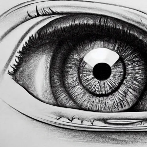 Image similar to ultra detailed ultra realistic pencil drawing of a human eye looking in a mirror