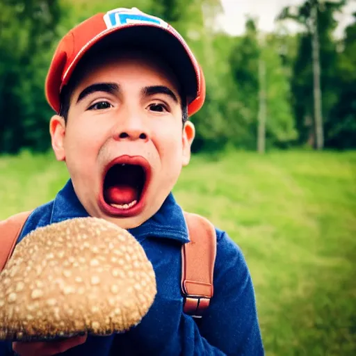 Image similar to photo of mario finding a giant mushroom, exhilarated, portrait, closeup. mouth open, 30mm, bokeh