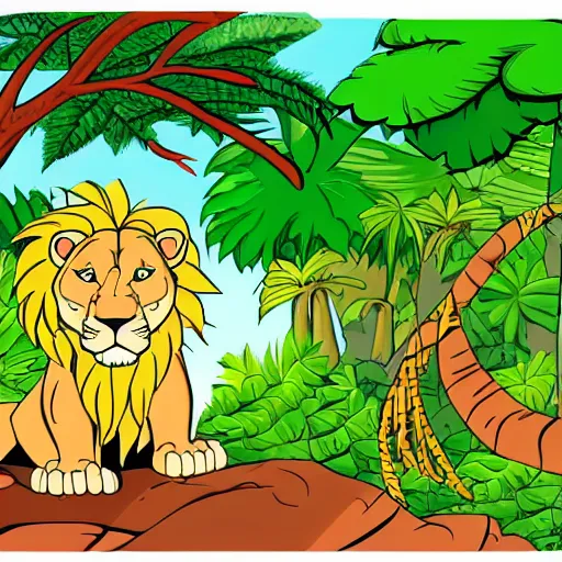 Prompt: Lion in the jungle cartoon style