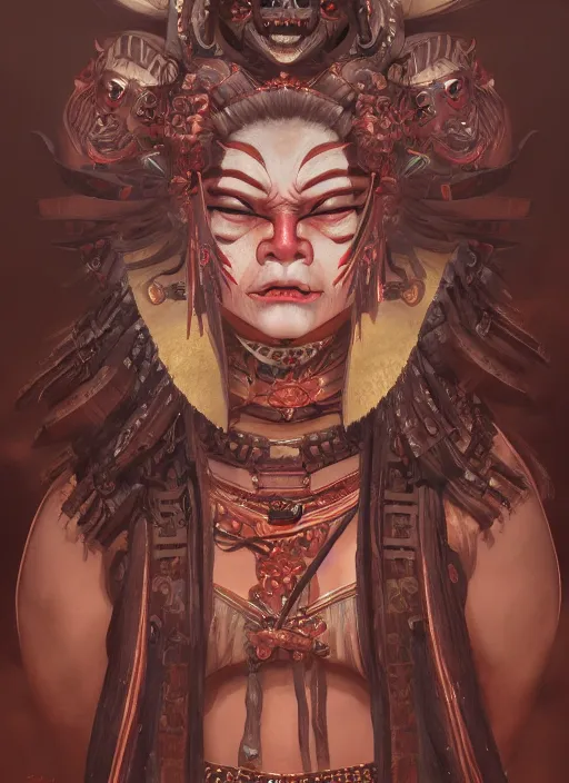 Image similar to a beautiful detailed oil on copper art illustration of a oni hannya mask shogun woman, centered, by charlie bowater, zeng fanzh, trending on artstation, dim dusk lighting, cinematic lighting, detailed lighting, volumetric lighting, realistic, f 8, 4 k hd wallpaper