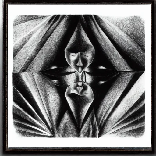 Image similar to Close-up of Norma Desmond, pencil drawing. El Greco, Remedios Varo, Salvador Dali, Carl Gustav Carus, John Atkinson Grimshaw. Blue tint. Symetrical, logo, geometric shapes.