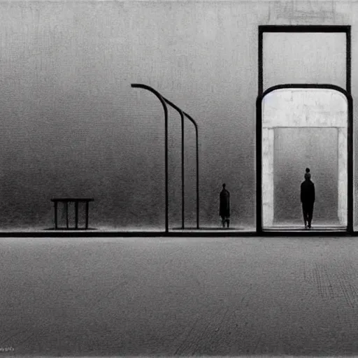 Prompt: Transit Station. Empty. Eerie. Unsettling. Zdzisaw Beksinski