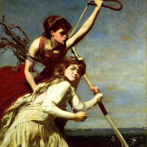 Image similar to young victorian woman fighting a monster, by alfred stevens