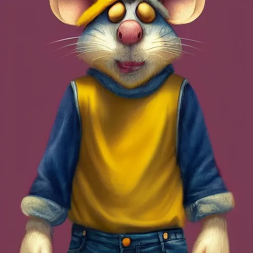 Prompt: anthropomorphic mouse wearing denim short shorts and yellow tank top, short blond fur, highly detailed, artgerm style, artstation, soft light, sharp focus, illustration, character design, concept art