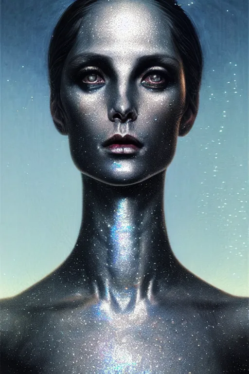 Prompt: pearlescent black lilith! the primordial mother of all monsters!! stares into the sky, head up, covered in iridescent glitter!!, raining ash, fine art masterpiece, highly detailed dino valls wayne barlowe machiej kuciara, dramatic lighting, medium shot, side angle, uhd 8 k, sharp focus